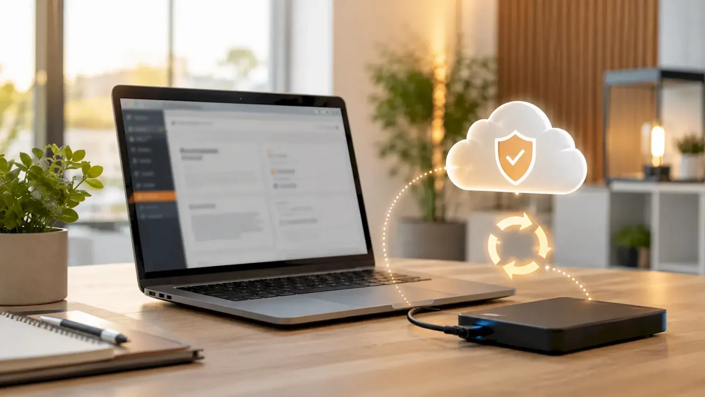 Laptop mit Backup-Symbolen, Cloud-Schutz und externer Festplatte auf einem modernen Schreibtisch