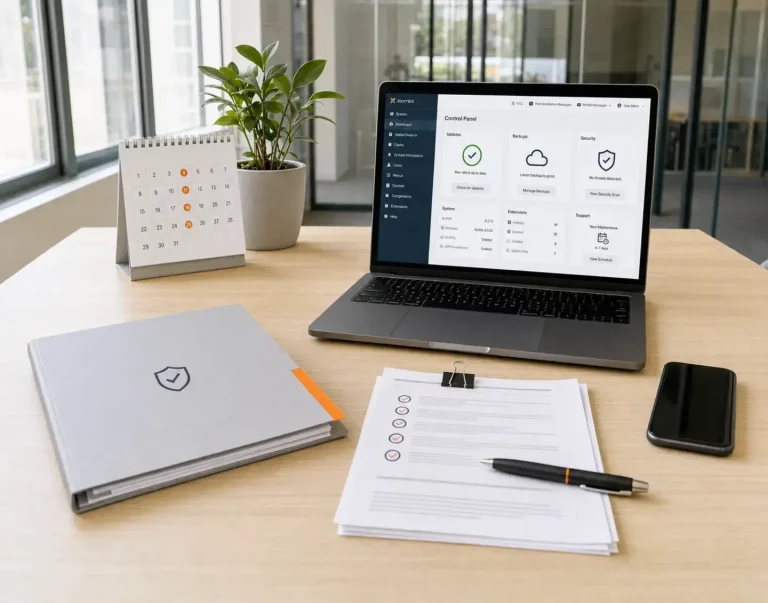 Joomla!-Wartungsvertrag - Wann lohnt sich laufende Betreuung - Headerbild Mobile Laptop mit Symbolen für Updates, Sicherheit, Backups und technische Wartung.