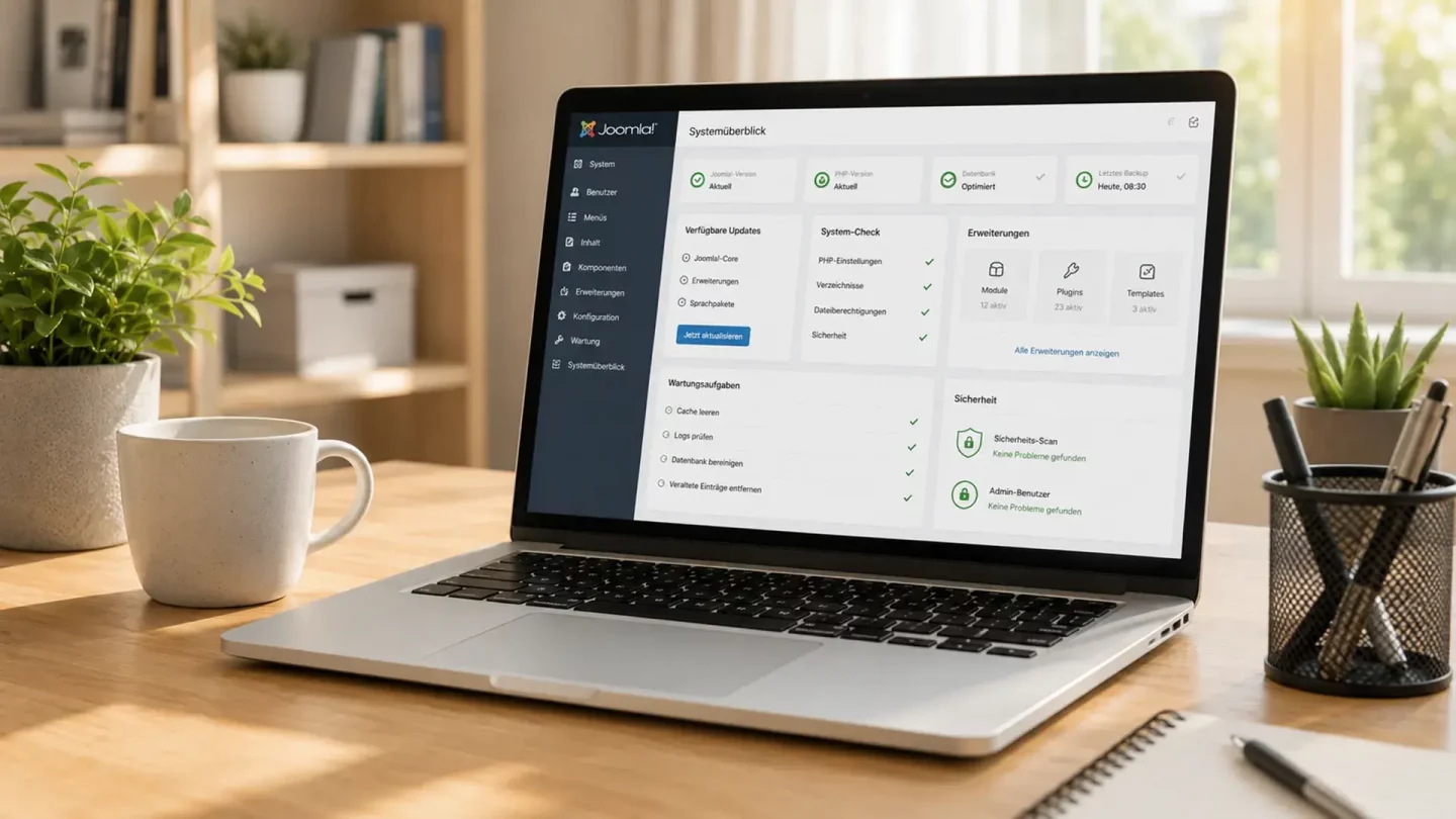 Bildschirm mit Wartungsübersicht, Update-Symbolen und Sicherheitsprüfung als Hinweis auf Joomla!-Wartung.