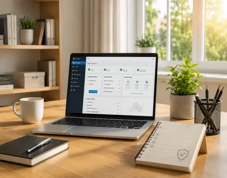 Welche Aufgaben gehören zu einer Joomla-Wartung - Headerbild Mobile Laptop mit Symbolen für Updates, Sicherheit, Backups und technische Wartung.