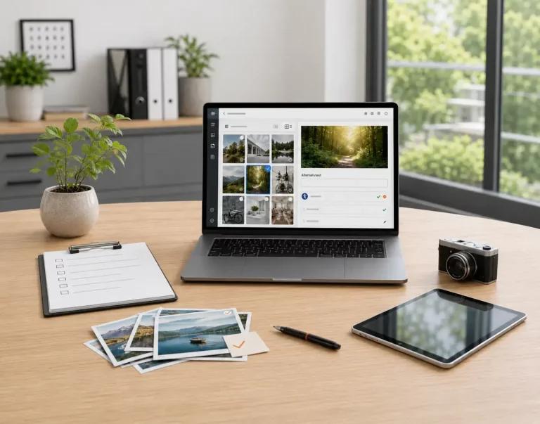 Laptop mit Symbolen für Updates, Sicherheit, Backups und technische Wartung.