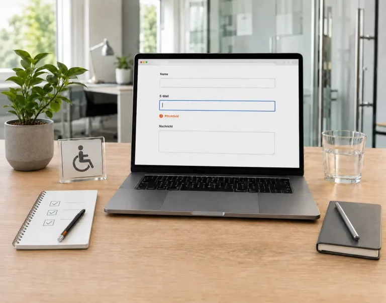 Laptop mit Symbolen für Updates, Sicherheit, Backups und technische Wartung.