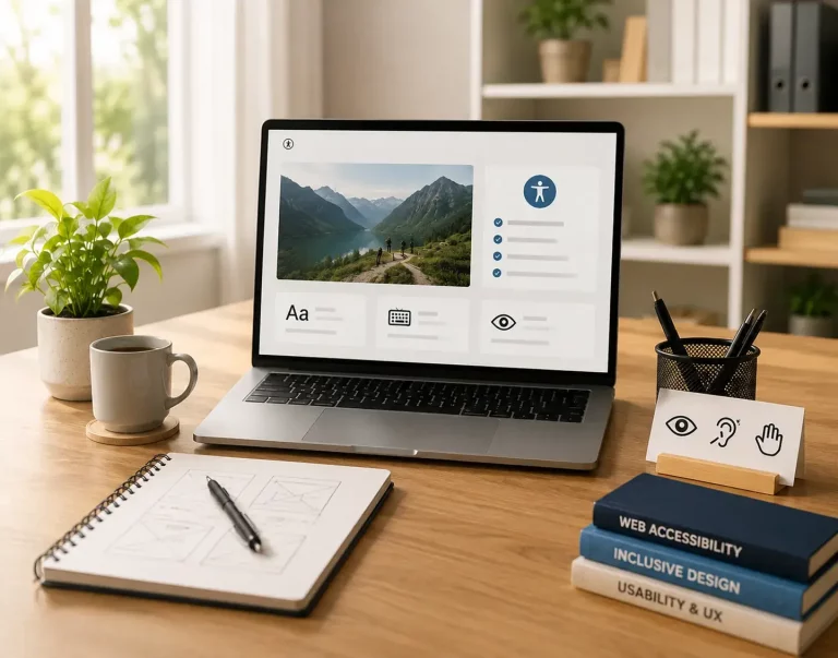 Was müssen Website-Betreiber zur Barrierefreiheit wissen - Headerbild Mobile Laptop mit Symbolen für Updates, Sicherheit, Backups und technische Wartung.
