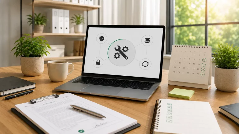 Laptop mit Wartungssymbolen, Kalender und Vertragsunterlagen als Symbol für einen Website-Wartungsvertrag.