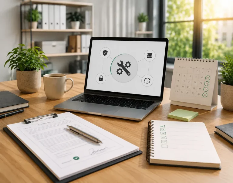 Was ist ein Website-Wartungsvertrag - Headerbild Mobile Laptop mit Symbolen für Updates, Sicherheit, Backups und technische Wartung.