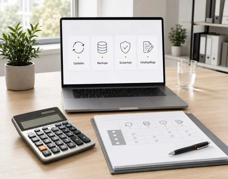 Was kostet Website-Wartung - Orientierung für Unternehmen - Headerbild Mobile Laptop mit Symbolen für Updates, Sicherheit, Backups und technische Wartung.