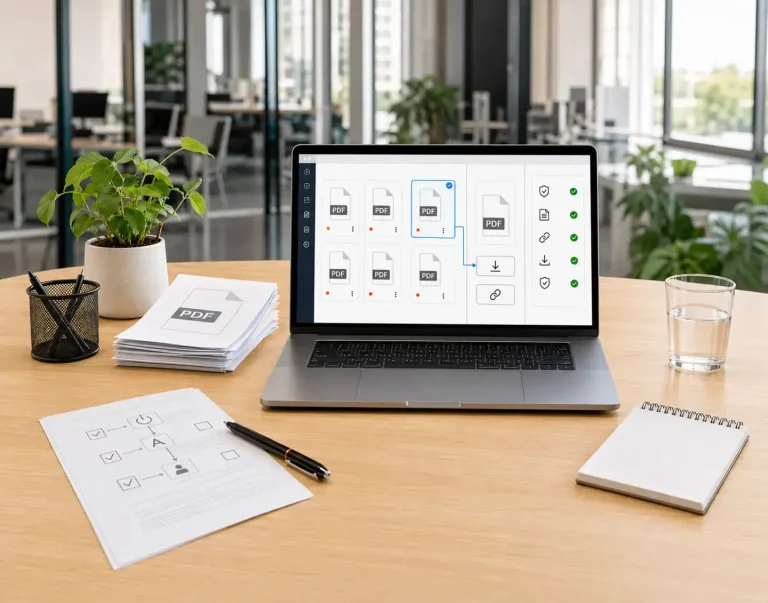 Laptop mit Symbolen für Updates, Sicherheit, Backups und technische Wartung.