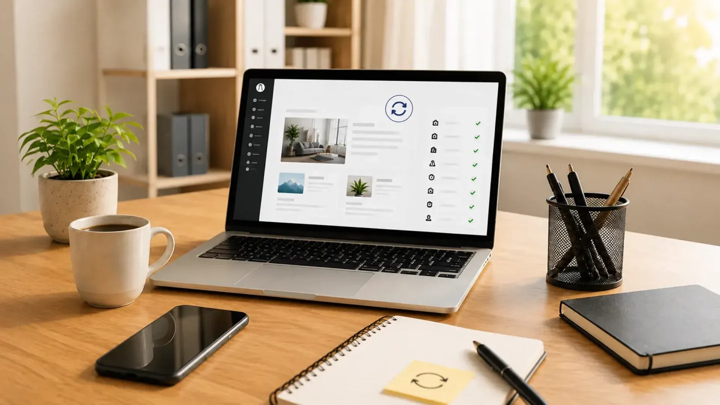 Laptop mit Website-Inhalten und Prüfliste als Symbol für regelmäßige Inhaltspflege.