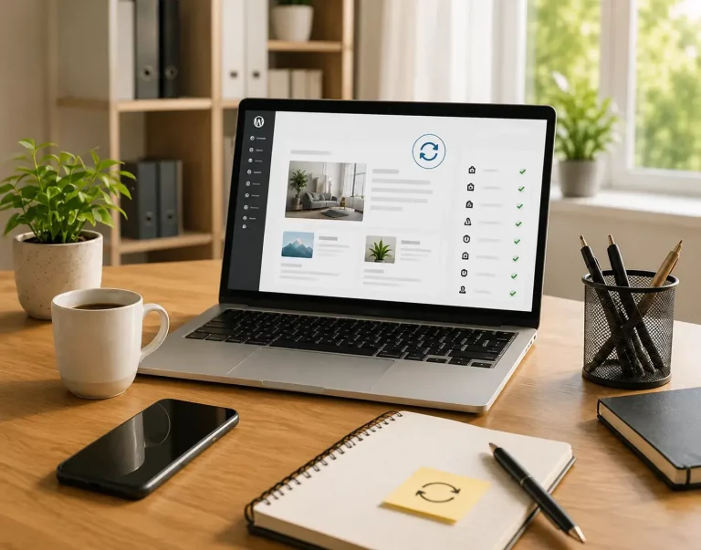 Welche Website-Inhalte sollten regelmäßig aktualisiert werden - Headerbild Mobile Laptop mit Symbolen für Updates, Sicherheit, Backups und technische Wartung.