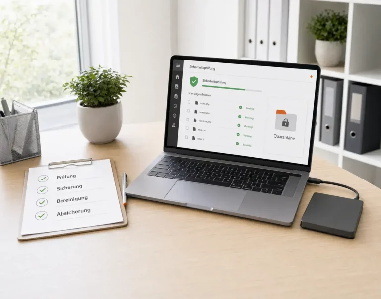 Laptop mit Warnhinweis auf dem Bildschirm als Symbol für eine gehackte Website.