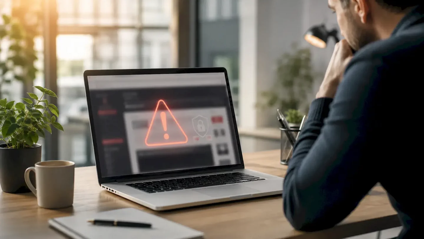 Besorgte Person vor einem Laptop mit Warnsymbol für eine gehackte oder gefährdete Website