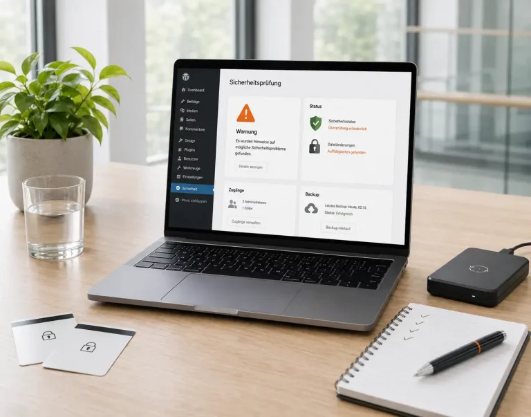 WordPress gehackt - Anzeichen und erste Maßnahmen - Headerbild Mobile Laptop mit Warnhinweis auf dem Bildschirm als Symbol für eine gehackte Website.