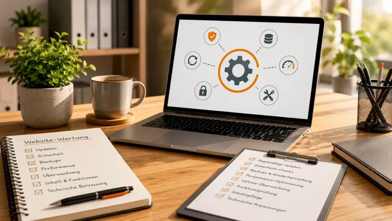 Moderner Arbeitsplatz mit Laptop, Wartungssymbolen und Checklisten für Website-Wartung