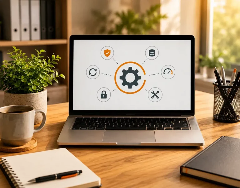 Was gehört zu einer professionellen Website-Wartung - Headerbild Mobile Laptop mit Symbolen für Updates, Sicherheit, Backups und technische Wartung.
