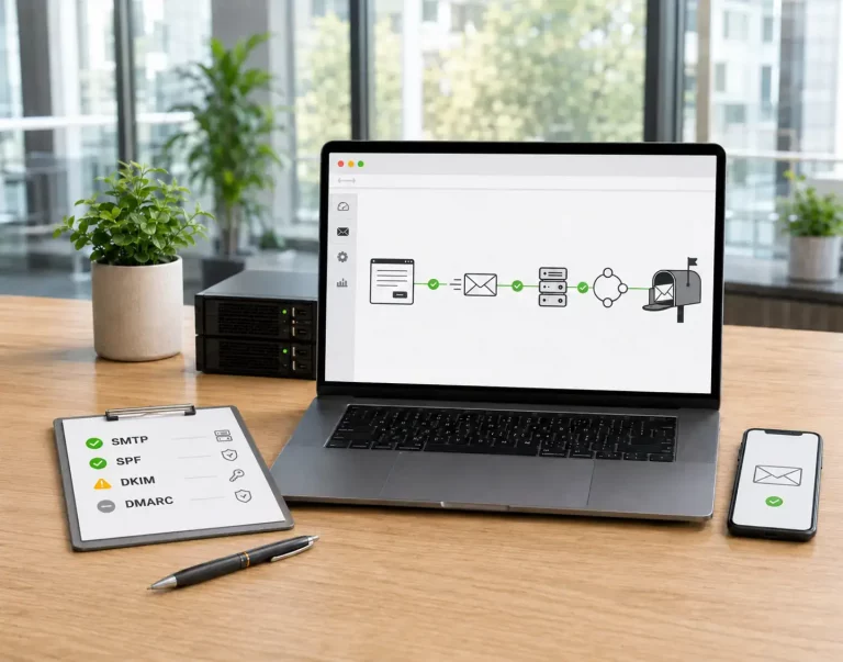 Laptop mit Symbolen für Updates, Sicherheit, Backups und technische Wartung.