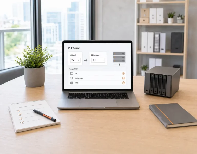 PHP-Version der Website aktualisieren - Warum ist das wichtig - Headerbild Mobile Laptop mit Symbolen für Updates, Sicherheit, Backups und technische Wartung.