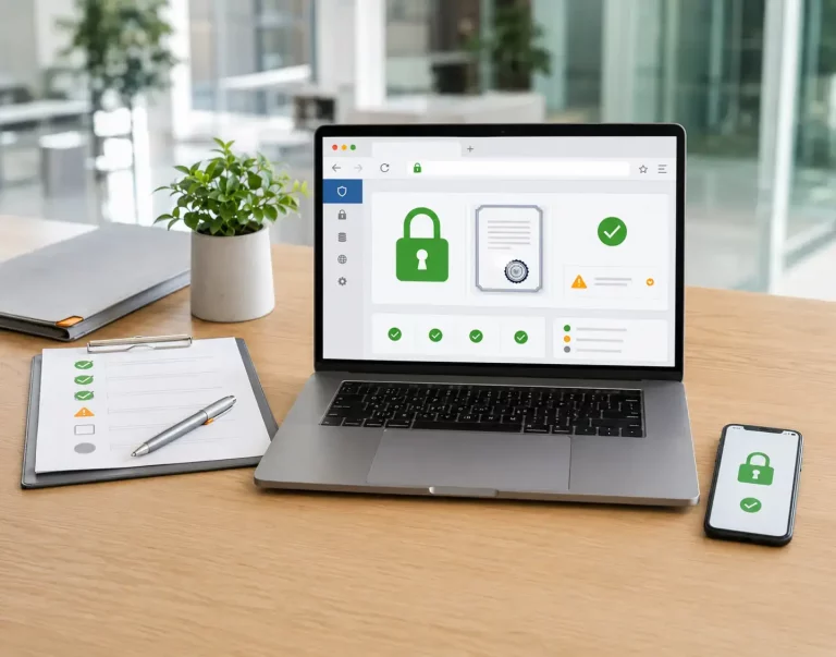 Laptop mit Symbolen für Updates, Sicherheit, Backups und technische Wartung.