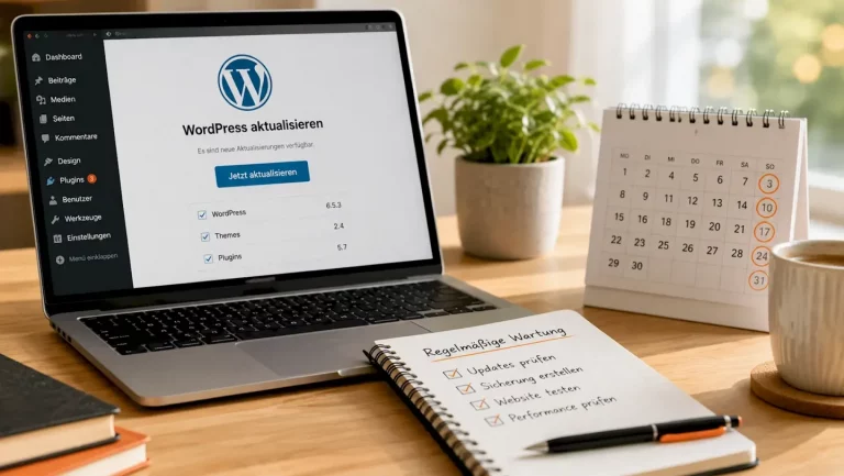 Laptop mit WordPress-Aktualisierung, Kalender und Wartungscheckliste auf einem hellen Schreibtisch