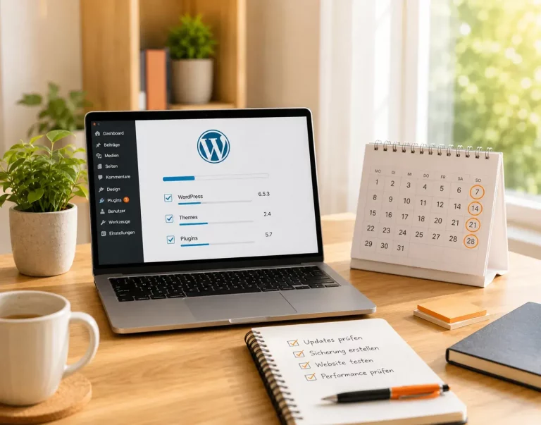 Wie oft sollte WordPress aktualisiert werden - Headerbild Mobile Laptop mit WordPress-Updates und Kalender als Hinweis auf regelmäßige Aktualisierungen.