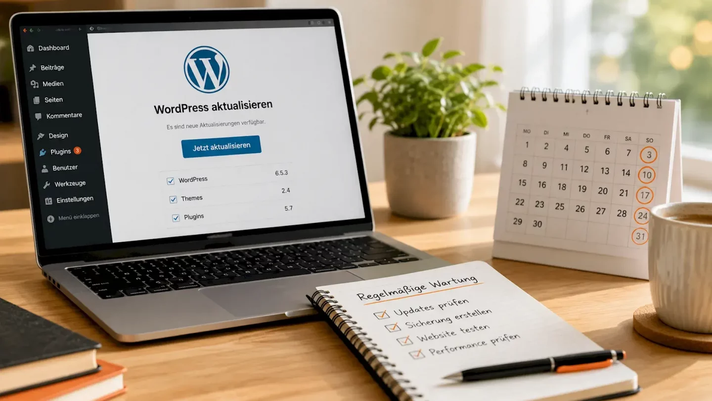 Laptop mit WordPress-Aktualisierung, Kalender und Wartungscheckliste auf einem hellen Schreibtisch