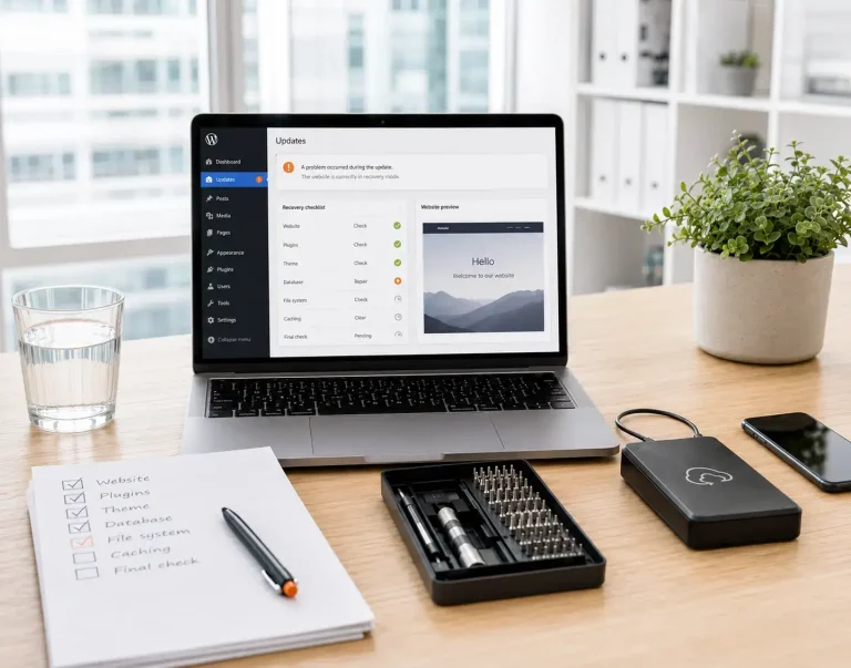 WordPress nach Update kaputt - Was tun - Headerbild Mobile Laptop mit WordPress-Updates und Kalender als Hinweis auf regelmäßige Aktualisierungen.
