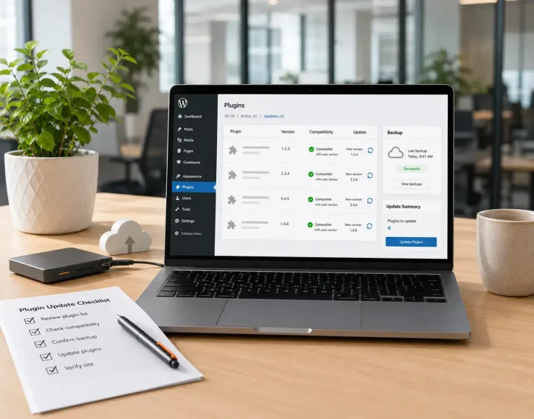 WordPress-Plugins aktualisieren - Risiken und gute Vorgehensweise - Headerbild Mobile Laptop mit WordPress-Updates und Kalender als Hinweis auf regelmäßige Aktualisierungen.