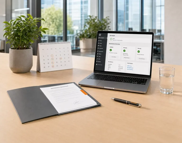 Laptop mit WordPress-Updates und Kalender als Hinweis auf regelmäßige Aktualisierungen.
